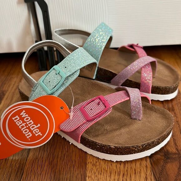 Girls Toddler Pink Blue Shimmer Sandal Toe Loop Cork Bed Various Sizes NWT - Picture 1 of 7